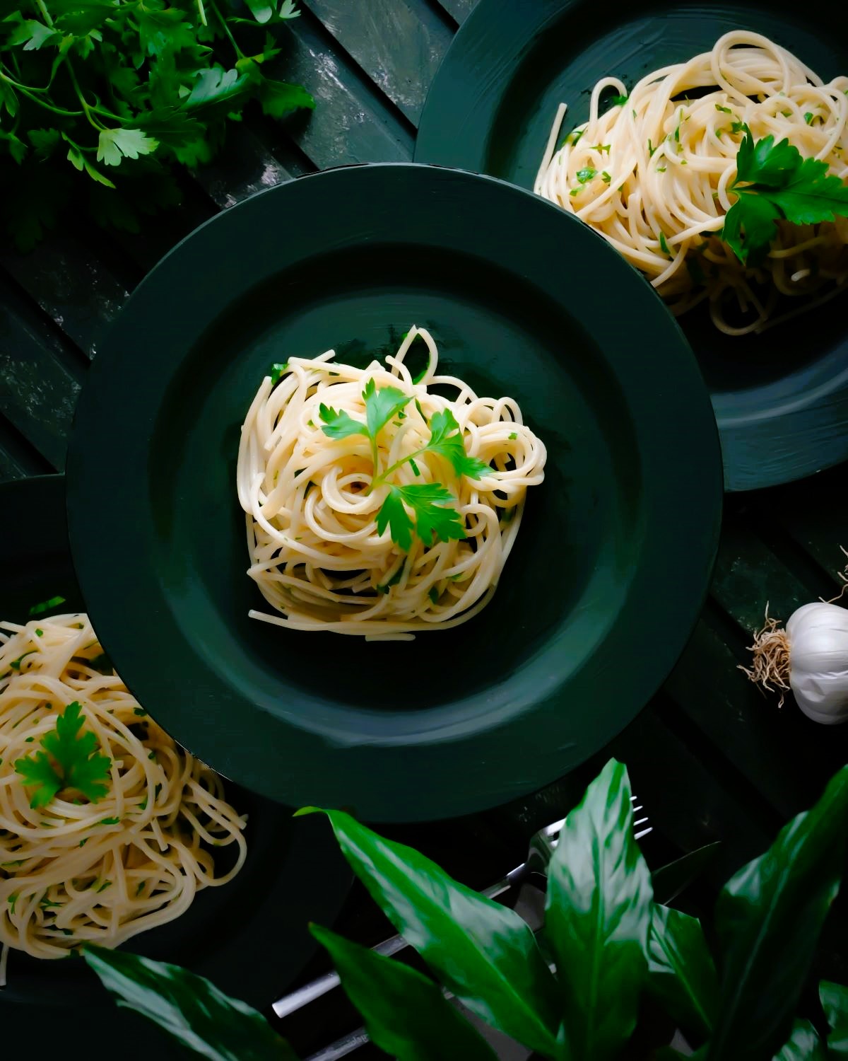 Pasta topped with fresh basil